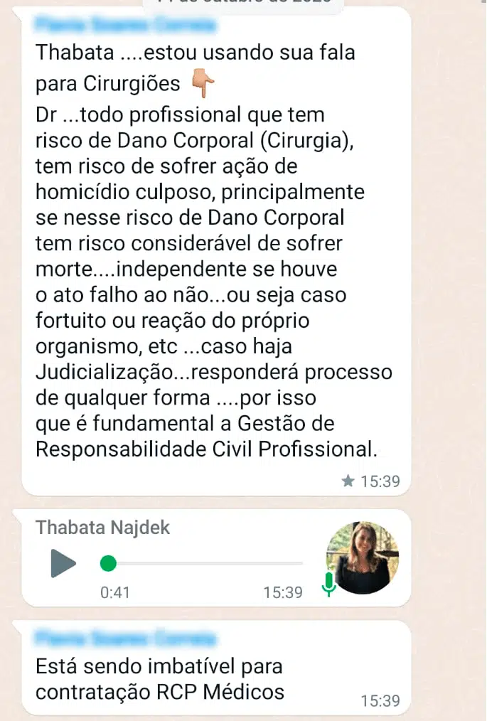 Thabata… estou usando sua fala para Cirurgiões 👇🏼 Dr, todo profissional que tem risco de Dano Corporal (Cirurgia), tem risco de sofrer ação de homicídio culposo, principalmente se nesse risco de Dano Corporal tem risco considerável de sofrer morte....independente se houve o ato falho ao não...ou seja caso fortuito ou reação do próprio organismo, etc ...caso haja Judicialização... responderá processo de qualquer forma ....por isso que é fundamental a Gestão de Responsabilidade Civil Profissional. Com esse discurso já efetivei até agora 03 RCP Médicos Está sendo imbatível para contratação RCP Médicos